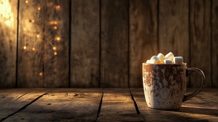 Sticker - Cozy warm cup of hot chocolate with marshmallows on a wooden table