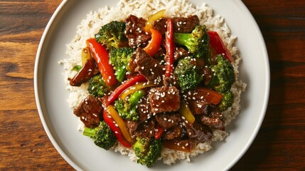 Wall Mural - Photo of, A plate of savory beef stir-fry with broccoli, bell peppers