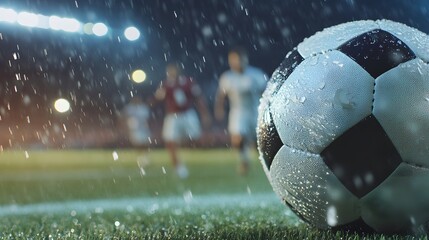 Poster - Close-Up of a Wet Soccer Ball on a Rainy Night During a Match, with Players Blurred in the Background and Stadium Lights Shining Brightly