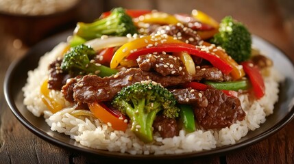 Wall Mural - Photo of, A plate of savory beef stir-fry with broccoli, bell peppers