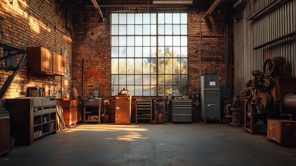 Poster - Sunlit industrial workshop interior with vintage machinery and tools.