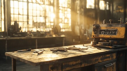 Poster - Sunlit abandoned factory workshop with old machinery and tools.