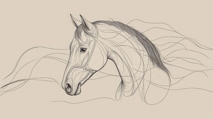 Poster - Elegant Line Art of a Horse's Head with Flowing Mane, Capturing the Grace and Beauty of Equine Life in a Minimalist Style Perfect for Artistic Projects and Designs