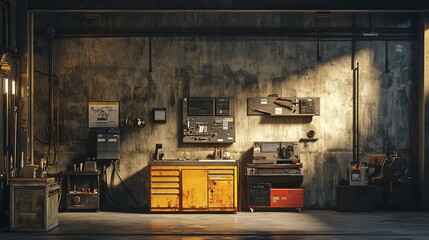 Poster - Sunlit rusty workshop interior with vintage tools and equipment.