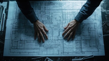 Poster - Hands of an Architect Examining Detailed Blueprints for Modern Building Design on a Dark Table Surrounded by Drafting Tools and Instruments