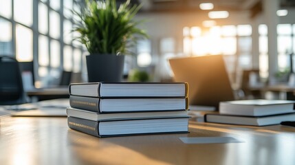 Poster - Stack of books on office desk, sunlight.