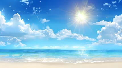 Poster - Bright Sunshine Over Calm Ocean Waves with Fluffy Clouds and Sparkling Sky on a Tranquil Beach Setting Ideal for Summer Relaxation or Vacation Themes