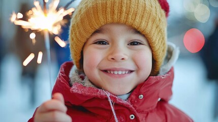 Wall Mural - Joyful Child Holding Sparkler in Winter Setting, Capturing Bright Smile and Festive Spirit of Celebration in Colorful Background