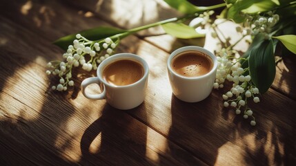 Sticker - Coffee cups with heart latte art arranged with flowers on wooden table