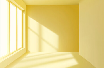 Poster - Bright yellow interior with sunlight streaming through large windows at midday in a minimalist design