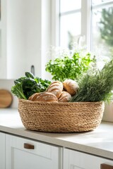 Poster - Fresh vegetables and artisan bread in a woven basket on a kitchen counter