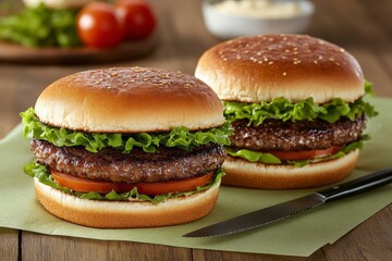 Wall Mural - Delicious burgers with fresh lettuce and tomato on soft buns served in a casual setting