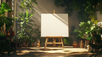 Poster - Bright art studio with blank canvas and lush greenery at midday