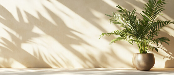 Aufkleber - Light and shadows play on walls with a potted palm plant in a warm indoor setting during daytime