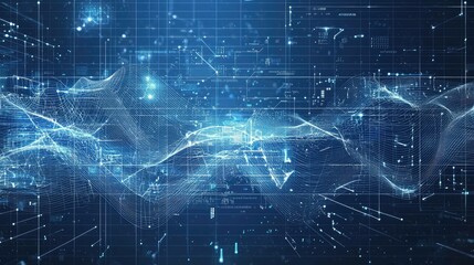 Poster - Futuristic Data Flow Visualization with Abstract Blue Waves and Digital Grid, Representing Technology, Innovation, and Information Processing in Cyber Space