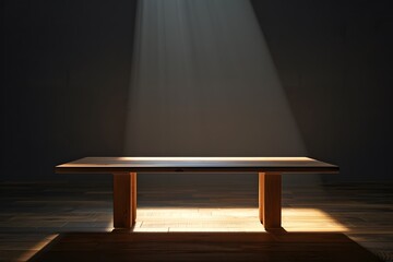 Poster - Minimalist wooden table illuminated by soft rays of light in a dimly lit room, creating a serene and contemplative atmosphere for interior design imagery