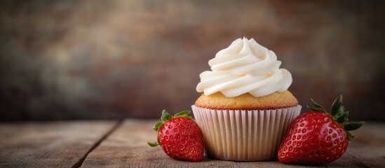 Wall Mural - Delicious vanilla cupcake with frosting and fresh strawberries on wooden table