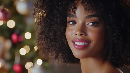 Wall Mural - Smiling woman with curly hair in front of a festive holiday tree lights