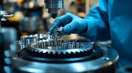Poster - Gloved hand placing precision part into industrial machinery.