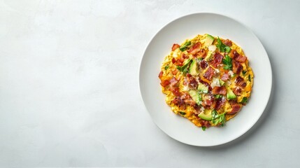 Sticker - Delicious breakfast omelet with vegetables and bacon served on a white plate