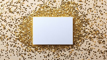 Blank card surrounded by golden confetti on a white background for festive occasions