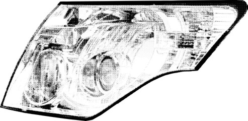 Aufkleber - A close-up image of a car headlight, showcasing its intricate details and reflective surfaces, isolated on white background. Halftone dotted retro style vector
