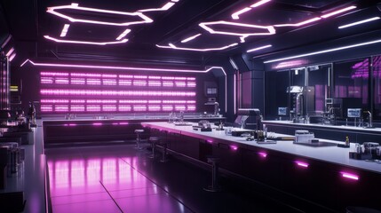 Poster - A futuristic laboratory with neon lighting and sleek design, showcasing advanced technology and equipment.