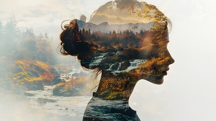 Poster - Ethereal Double Exposure Portrait of a Woman Silhouetted Against a Beautiful Natural Landscape of Mountains, Forests, and Rivers Evoking Serenity and Connection to Nature