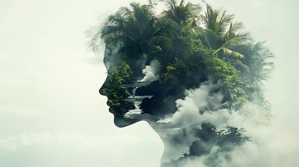 Poster - Ethereal Landscape of Serenity Within a Female Silhouette Merges Nature and Identity Through Lush Palms, Flowing Waterfalls, and Dreamlike Clouds