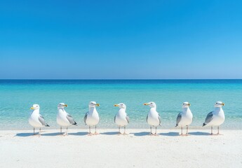 Poster - Seven Seagulls Standing on a Sandy Beach Against a Clear Blue Sky and Calm Turquoise Water in a Tropical Paradise Setting