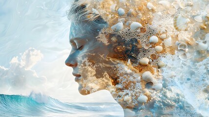 Poster - Ethereal Woman's Profile Blending with Ocean Waves and Seashells, Capturing the Serenity of Nature and the Beauty of the Sea in a Dreamlike Visual Experience