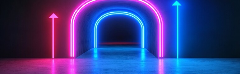 Poster - An abstract neon arch illumination glows on dark stage, a laser beam corridor for nightclub decoration, and a futuristic cyberspace background. The illumination is accompanied by a red LED light