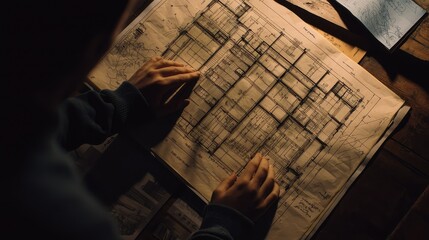 Poster - Detailed Architectural Blueprint Analysis with Hands on Vintage Plans for Design and Construction Projects in Warm Ambient Lighting