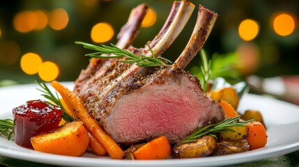 Photo of, A succulent rack of lamb served with roasted vegetables and mint jelly on the side, Lamb rack centered