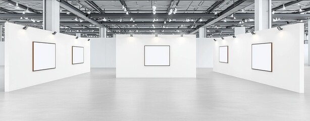 Poster - Realistic illustration of a tradeshow booth with walls, floor, platform, and spotlights 3D mockup. Modern studio or exhibition room interior template for displaying products.