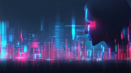 Poster - Futuristic Cityscape with Profile of Woman and Neon Digital Elements
