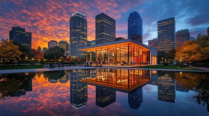 Sticker - Stunning Cityscape Reflection at Sunset