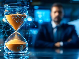Poster - Close-Up of an Elegant Hourglass with Sand Flowing in a Modern Digital Environment Representing Time Management and Business Strategy in a Futuristic Office Setting