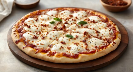 Sticker - Freshly baked margherita pizza with basil leaves on a wooden board