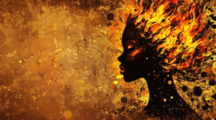 Poster - Silhouette of a Woman with Fiery Hair and Vibrant Abstract Background