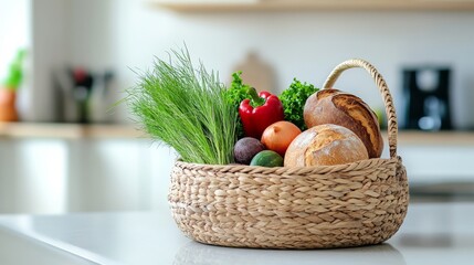 Canvas Print - Fresh vegetables and herbs in a woven basket on a kitchen countertop during the daytime