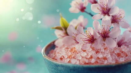 Poster - Delicate pink salt nestled in a bowl surrounded by vibrant flowers