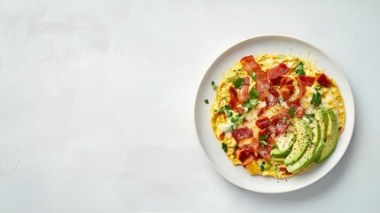 Sticker - Delicious breakfast omelet with vegetables and bacon served on a white plate