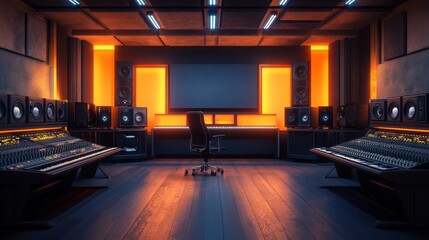 Poster - A modern music studio featuring sound equipment, a mixing console, and ambient lighting.