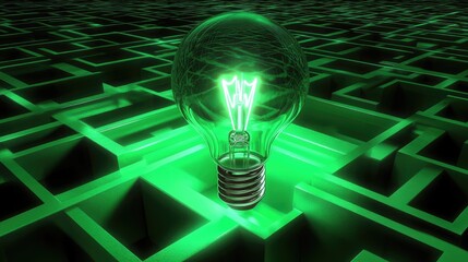 Poster - Green Light Bulb Illuminating Abstract Maze with Neon Glow Effect
