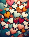 Colorful hearts swirl in an abstract design, celebrating love and romance.