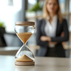 Poster - Elegant hourglass on a desk symbolizing time management and productivity in a modern office setting with a blurred background of a business professional