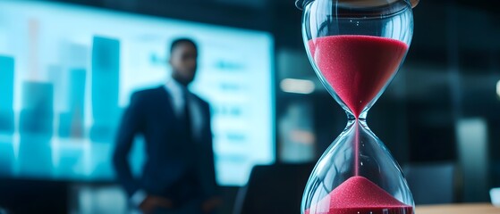 Poster - A business professional holds an hourglass in focus, symbolizing time management and deadlines in a modern office setting with graphs in background.