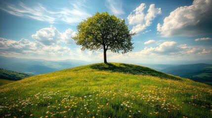 Wall Mural - Solitary Tree on a Hilltop Meadow Under a Blue Sky