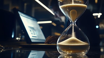 Poster - Close-Up of an Hourglass with Flowing Sand Capturing the Essence of Time Management in a Business Environment with Laptop in Background